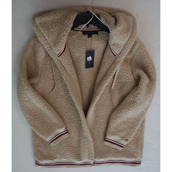 Tommy Hilfiger J2XE0410 Women Sz XL Beige Open-Front Hooded Sherpa/Fleece Jacket - Picture 9 of 9